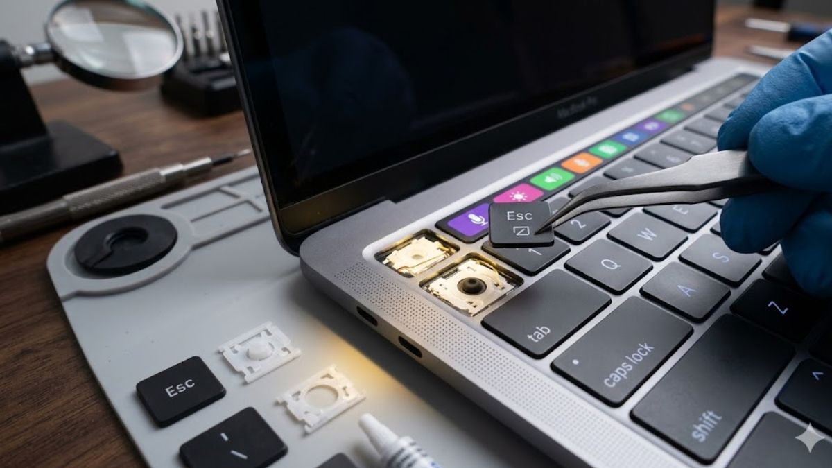 Kỹ thuật viên sửa lỗi nút Esc bị liệt macbook bằng cách thay phím mới.