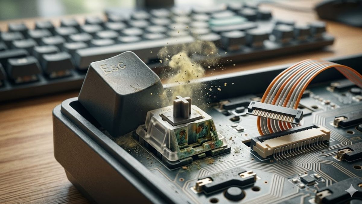 Cận cảnh nút Esc bị liệt do bụi bẩn tích tụ lâu ngày bên trong switch.