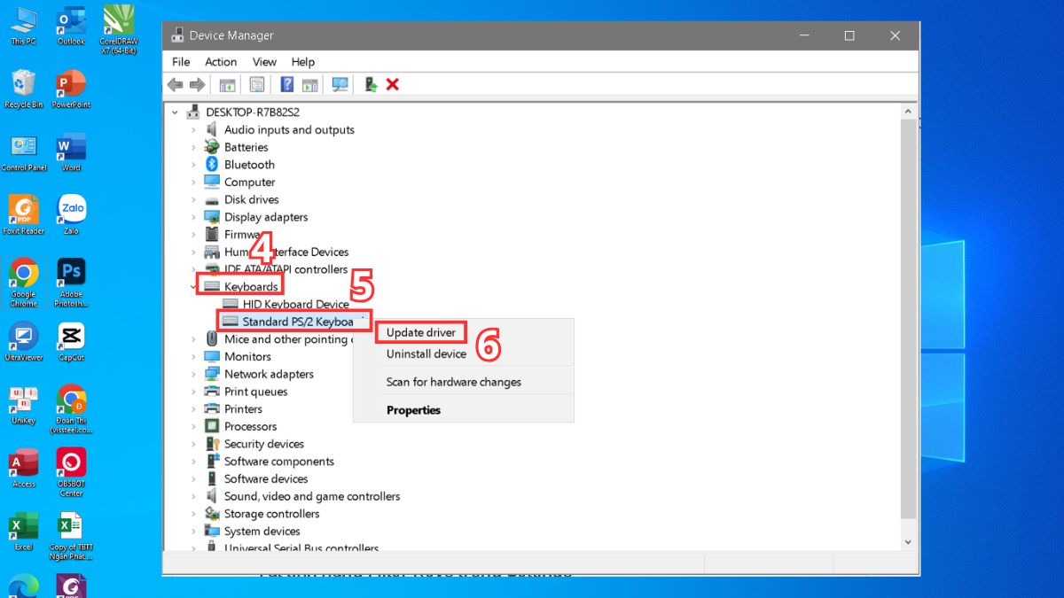 Cập nhật driver bàn phím trong Device Manager để khắc phục lỗi phím Esc laptop.