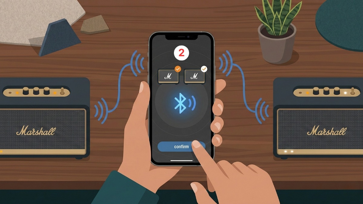 Ghép đôi hai thiết bị Marshall để phát 2 loa bluetooth cùng lúc iphone qua ứng dụng.