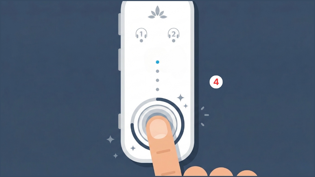 Thao tác nhấn nút đa năng trên transmitter để phát 2 loa bluetooth cùng lúc iphone.