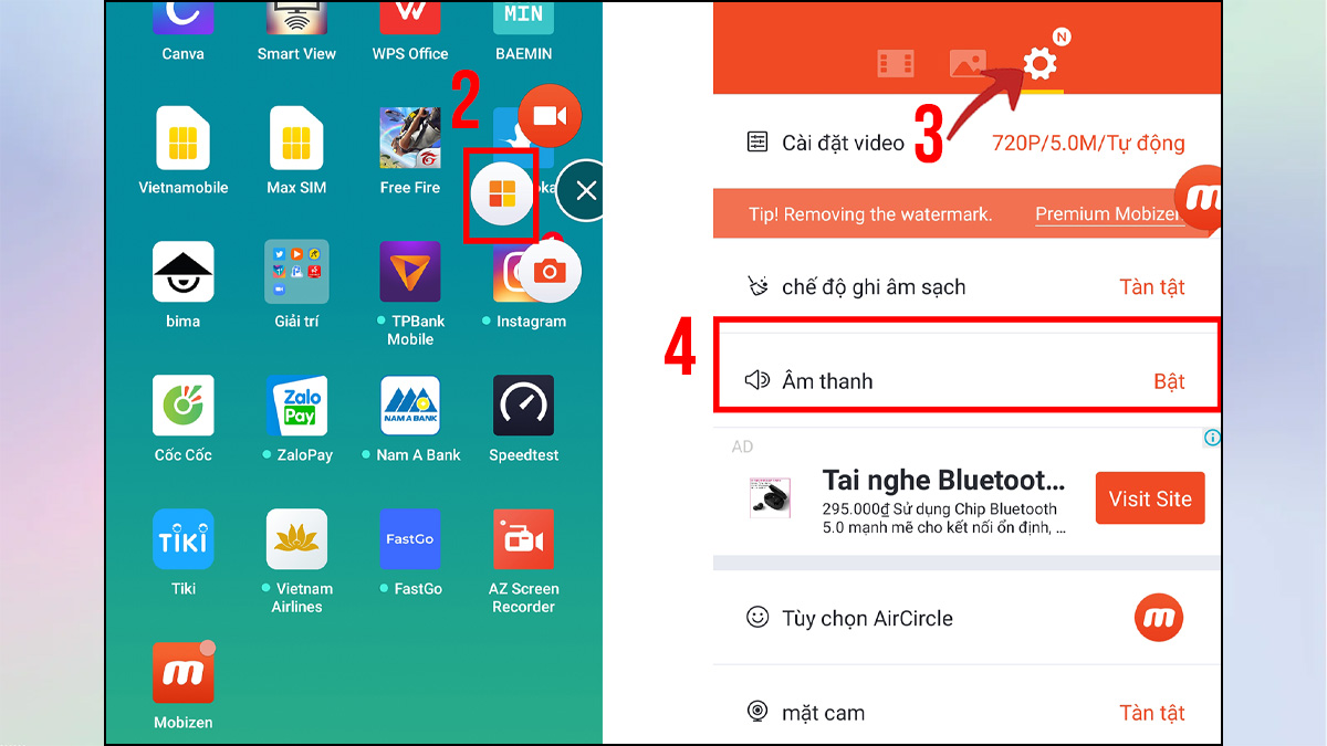 Cài đặt âm thanh khi quay video màn hình xiaomi bằng Mobizen