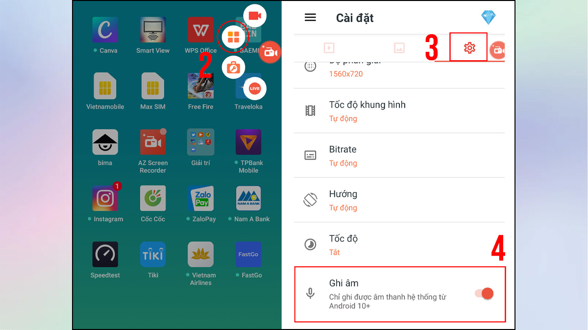 Bật ghi âm để quay màn hình điện thoại có tiếng trên AZ Screen Recorder