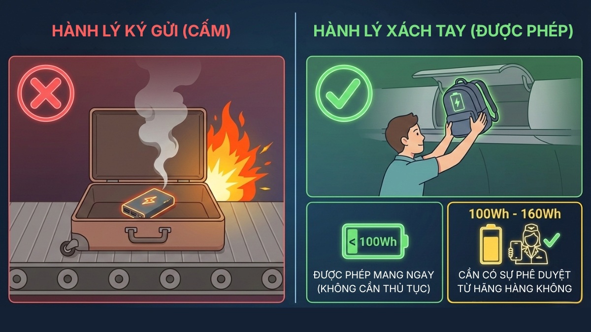 Quy định mang sạc dự phòng lên máy bay trong hành lý xách tay và ký gửi.