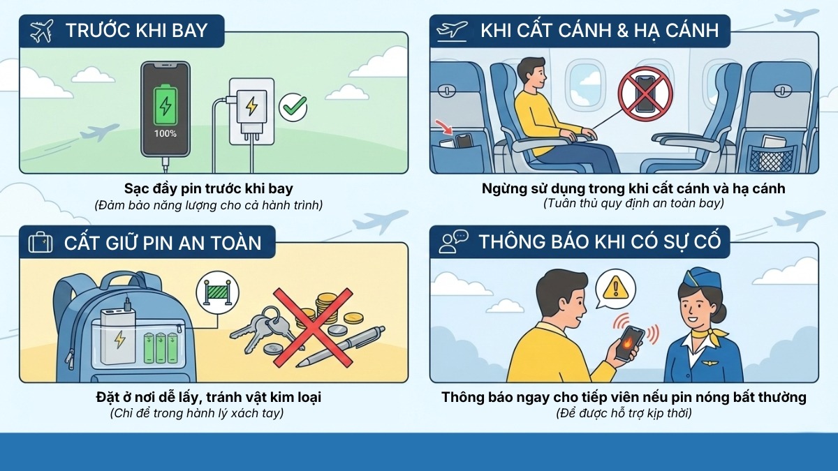 Hướng dẫn sử dụng và quy định mang sạc dự phòng lên máy bay an toàn.