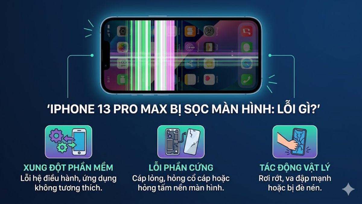 Đồ họa tổng hợp các lý do sọc màn hình iphone 13 pro max.