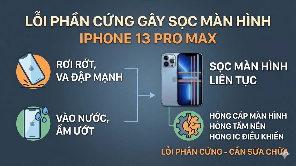 Lỗi phần cứng do rơi vỡ gây sọc màn hình iphone 13 pro max.