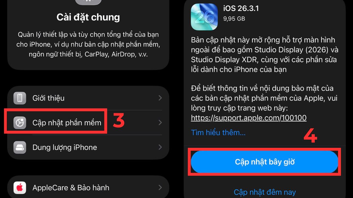 Bấm cập nhật phần mềm sửa sọc màn hình iphone 13 pro max.