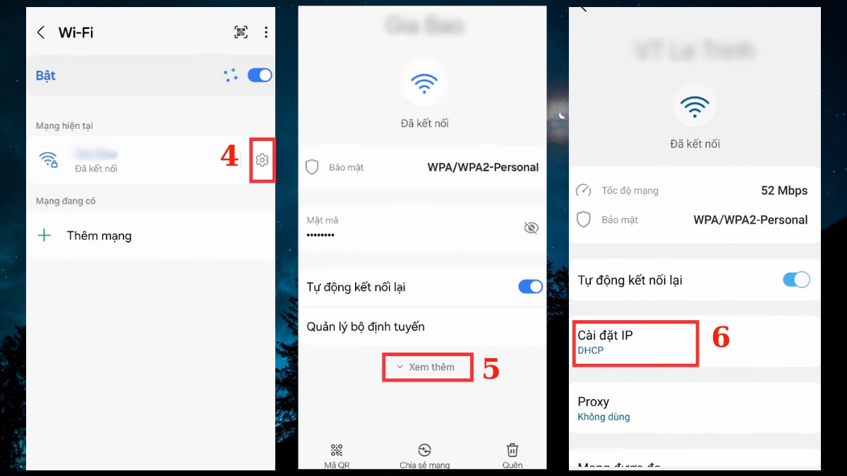 Bấm vào biểu tượng Cài đặt để điều chỉnh IP khi không vào mạng Samsung