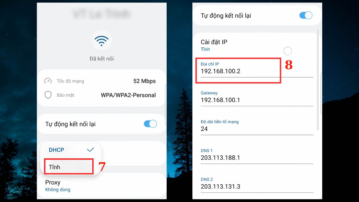 Chọn IP Tĩnh để khắc phục Samsung kết nối Wifi nhưng không vào được internet