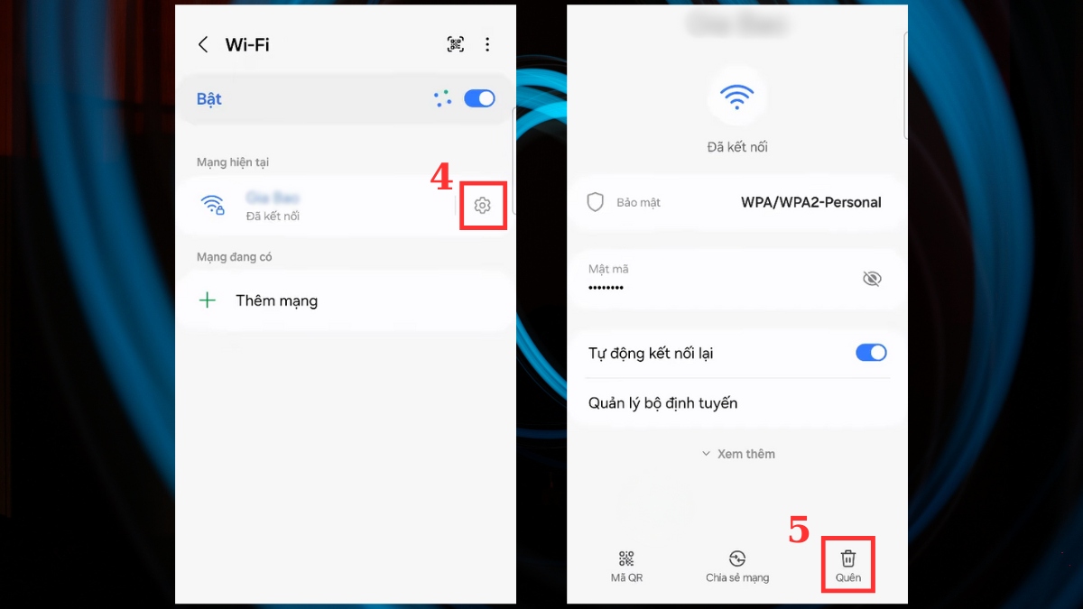 Chọn Quên mạng để khắc phục samsung không kết nối được wifi