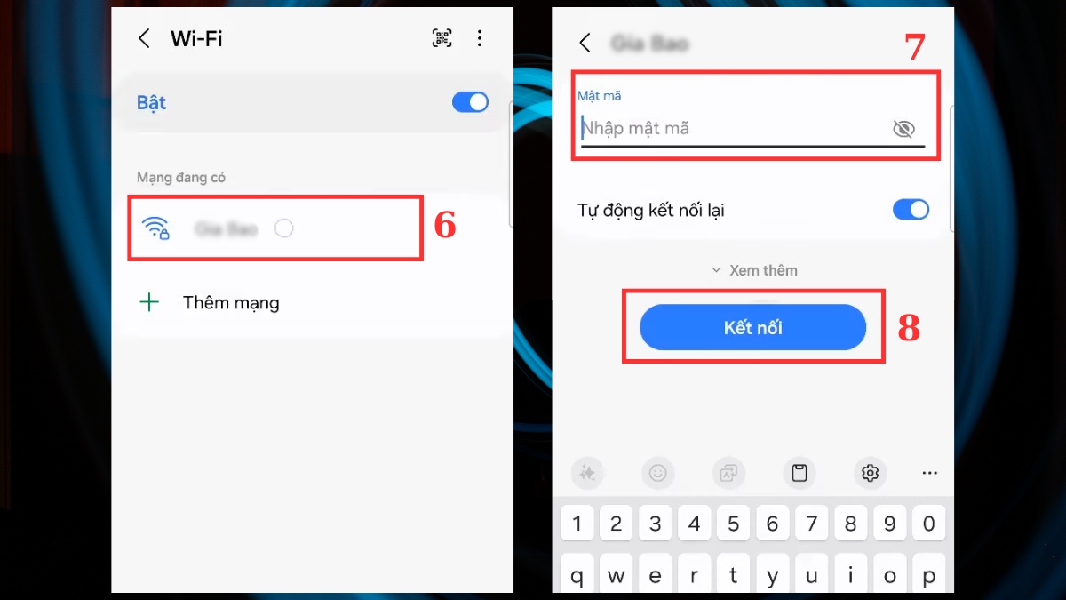 Nhập mật khẩu để kết nối lại khi Samsung kết nối Wifi nhưng không vào được internet