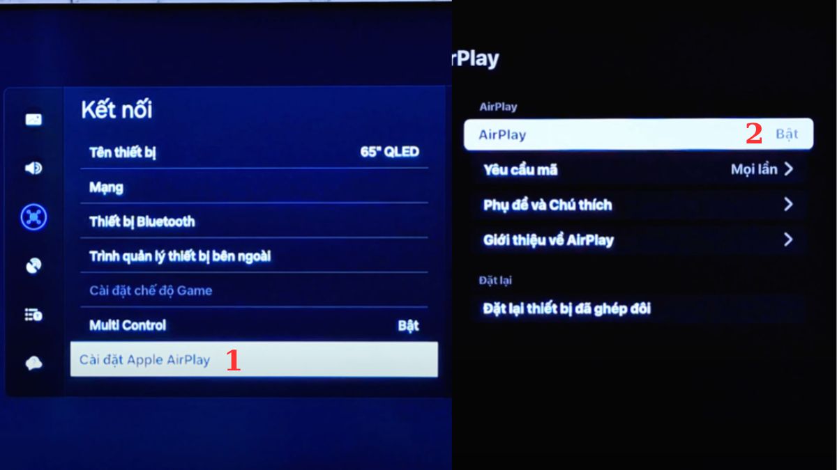 Giao diện cài đặt trên TV, với tùy chọn Cài đặt Apple AirPlay được đánh dấu, là bước đầu tiên để kích hoạt tính năng screen mirroring từ iPhone lên TV.