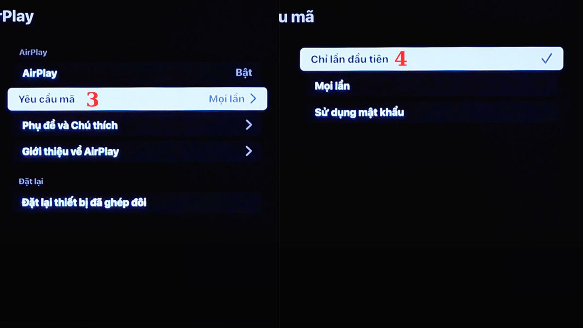 Hình ảnh cài đặt AirPlay trên TV, với tùy chọn Yêu cầu mã và Chỉ lần đầu tiên được chọn, là bước quan trọng khi bạn muốn bật chế độ screen mirroring an toàn, yêu cầu nhập mã khi kết nối lần đầu.
