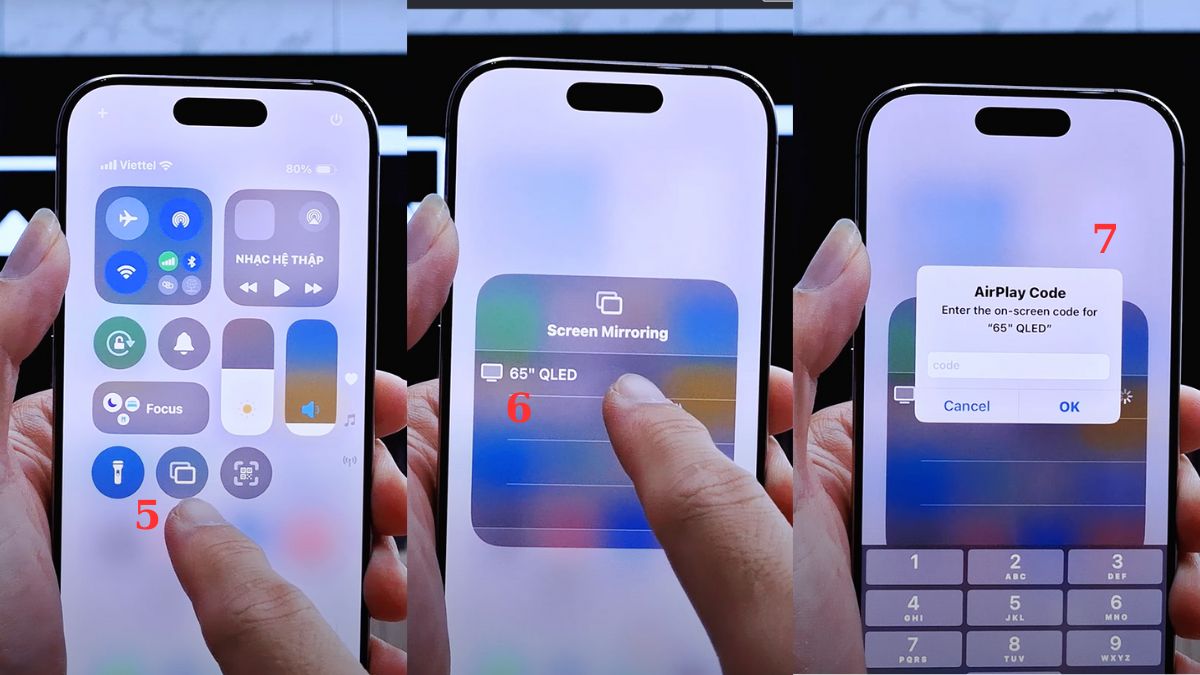 Giao diện của iPhone trong quá trình kết nối AirPlay, hiển thị tùy chọn Screen Mirroring và cửa sổ nhập mã, cho thấy cách chia sẻ màn hình từ iPhone lên TV một cách dễ dàng.