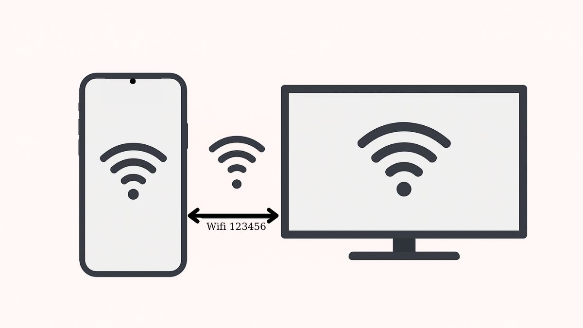 Một hình ảnh đồ họa minh họa kết nối không dây giữa điện thoại và TV thông qua Wi-Fi, giải thích cách screen mirroring hoạt động bằng cách sử dụng chung một mạng để chia sẻ màn hình giữa các thiết bị.