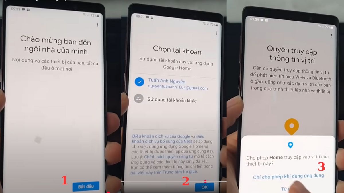 Giao diện của ứng dụng Google Home trên điện thoại Android, hiển thị các bước ban đầu như đăng nhập và cấp quyền truy cập, là những thao tác cần thiết để bắt đầu quá trình phản chiếu màn hình từ Android sang TV.