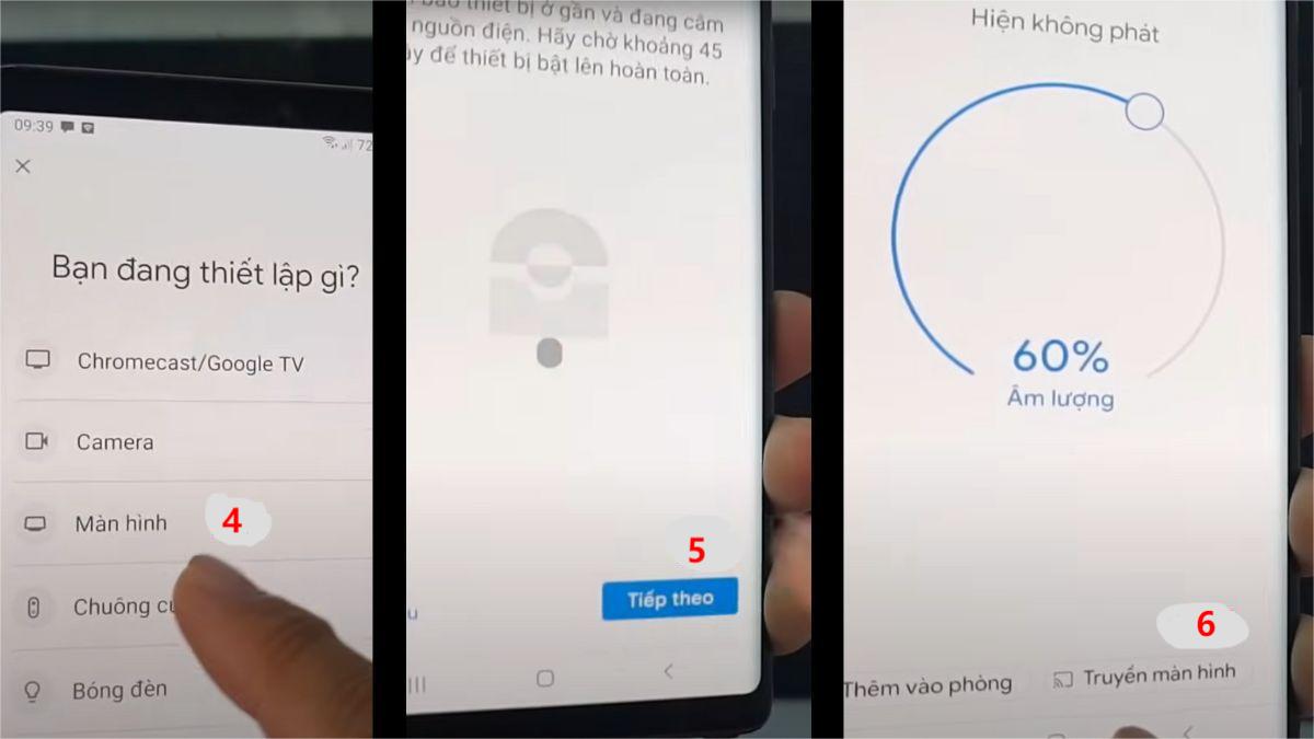 Các bước trong ứng dụng Google Home để chọn thiết bị và kích hoạt tính năng screen mirroring, cho thấy cách dễ dàng để bật chế độ screen mirroring và truyền màn hình điện thoại Android lên TV.