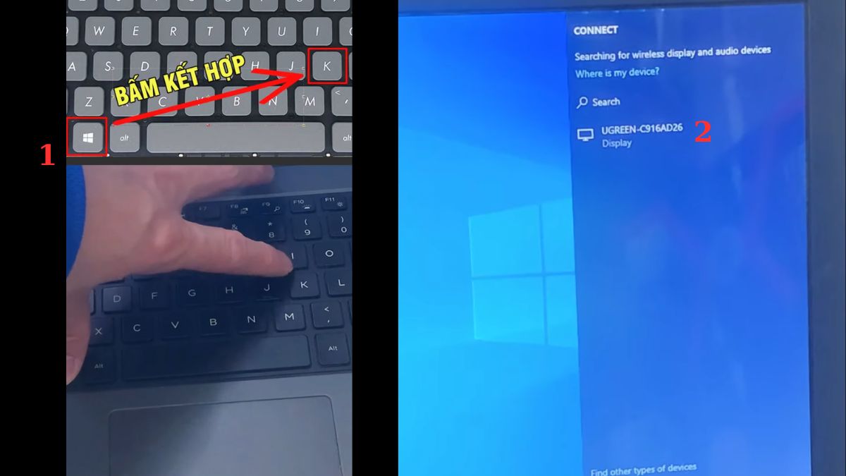 Một bàn tay đang nhấn tổ hợp phím Windows + K trên bàn phím laptop, minh họa cách đơn giản để bắt đầu kết nối không dây và phản chiếu màn hình laptop lên một màn hình khác.