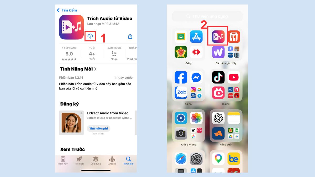 Mở ứng dụng Extract Audio from Video trên iPhone để chuẩn bị tách âm thanh khỏi video trên điện thoại.