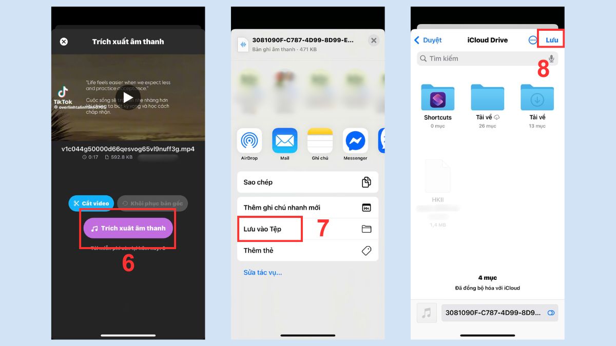 Nhấn trích xuất âm thanh và lưu tệp khi tách âm thanh khỏi video trên iPhone.