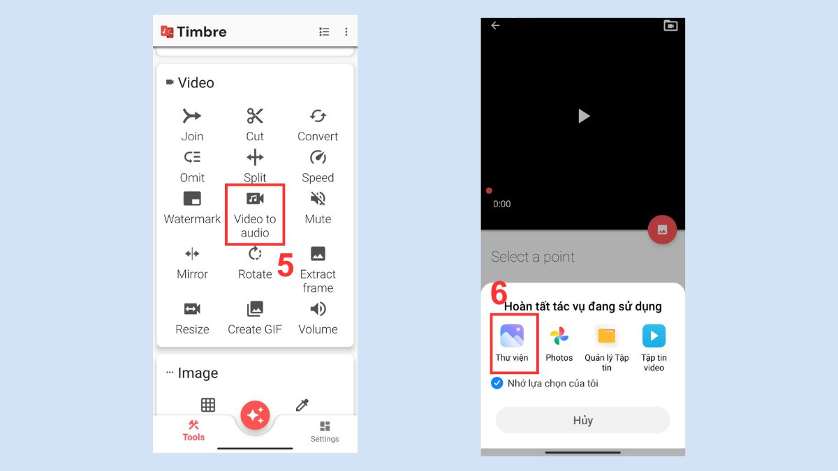 Chọn tính năng Video to audio trong Timbre để tách âm thanh khỏi video trên điện thoại.