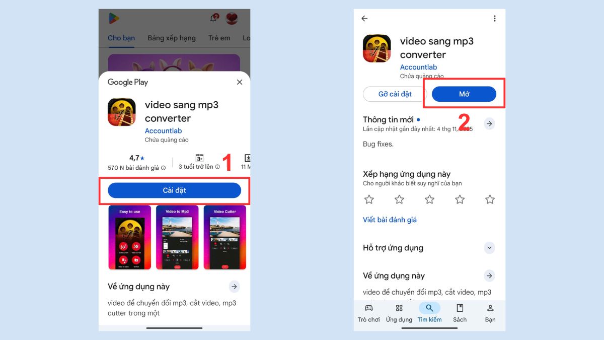 Tải app Video to MP3 Converter để tách âm thanh khỏi video trên điện thoại Android.