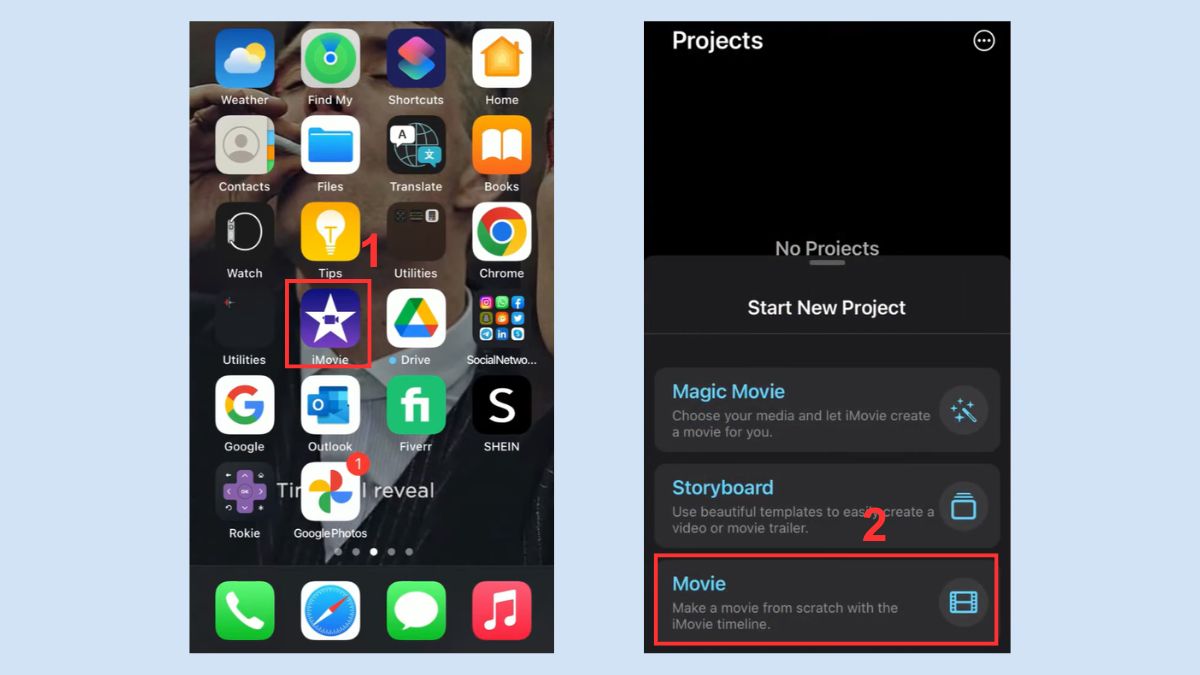 Giao diện ứng dụng iMovie trên iPhone trong các bước tách âm thanh khỏi video trên điện thoại.