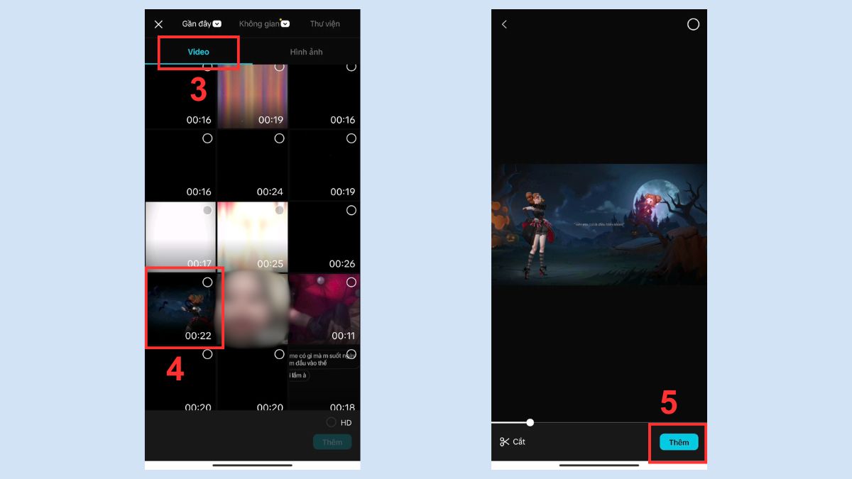 Chọn tệp video trong thư viện để đưa vào timeline CapCut và tách âm thanh khỏi video trên điện thoại.