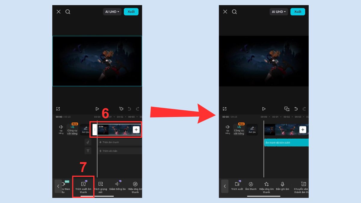 Nhấn biểu tượng Trích xuất âm thanh trên thanh công cụ CapCut để tách âm thanh khỏi video trên điện thoại.