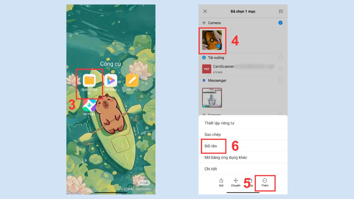 Hộp thoại đổi đuôi file video thành mp3 trên trình quản lý tệp Android để tách âm thanh khỏi video trên điện thoại.