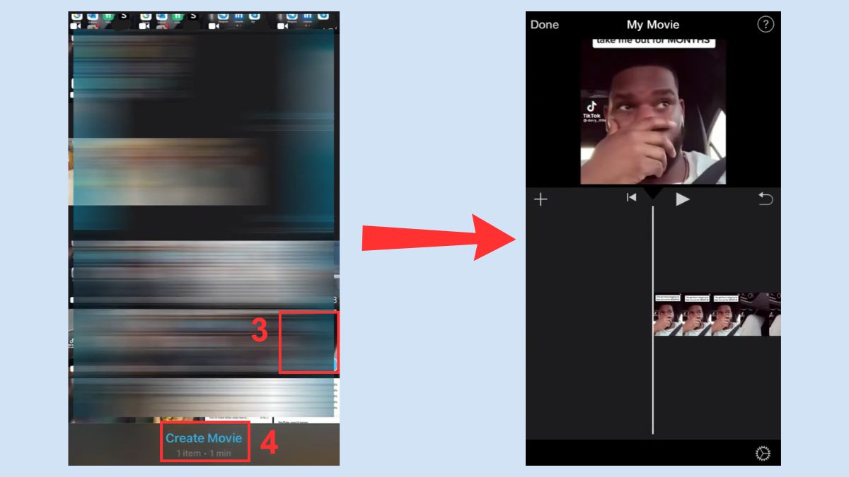 Chọn video cần xử lý trên timeline iMovie để tách âm thanh khỏi video trên điện thoại.