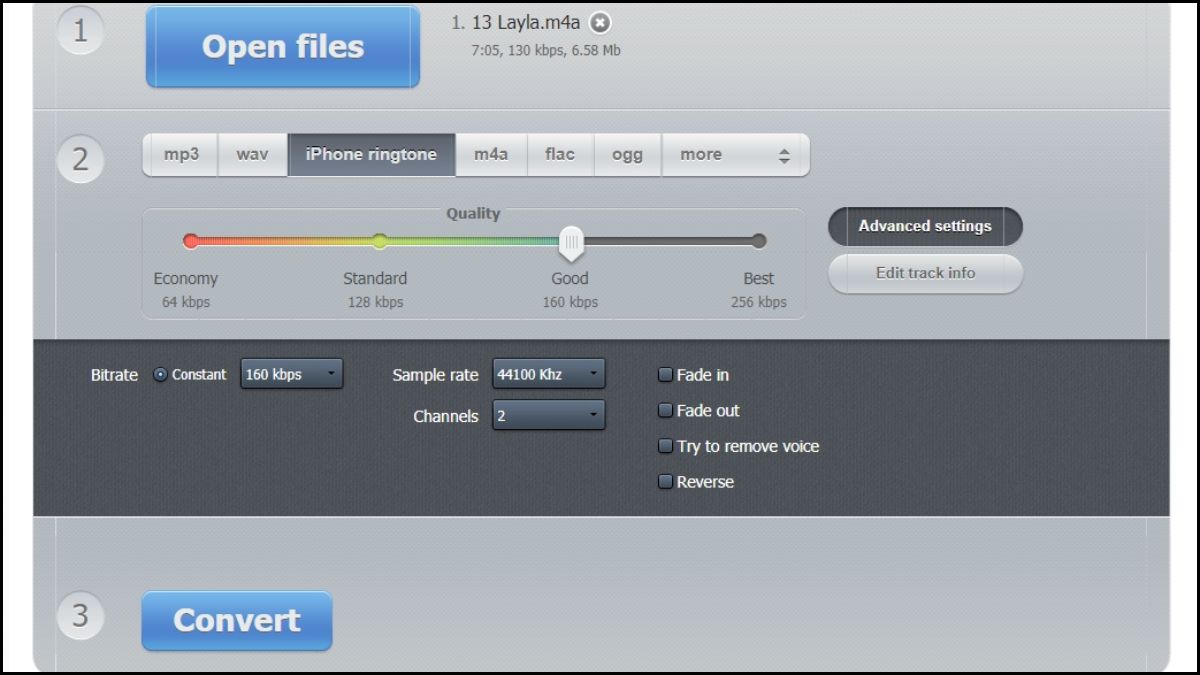 Thiết lập định dạng audio để tách âm thanh khỏi video trên điện thoại qua web.