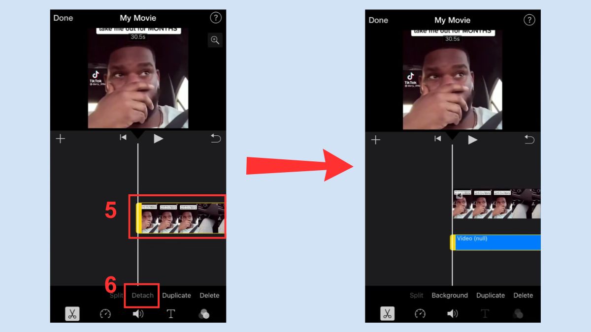 Nhấn tùy chọn Tách để thực hiện cách tách âm thanh ra khỏi video trên iPhone bằng iMovie.