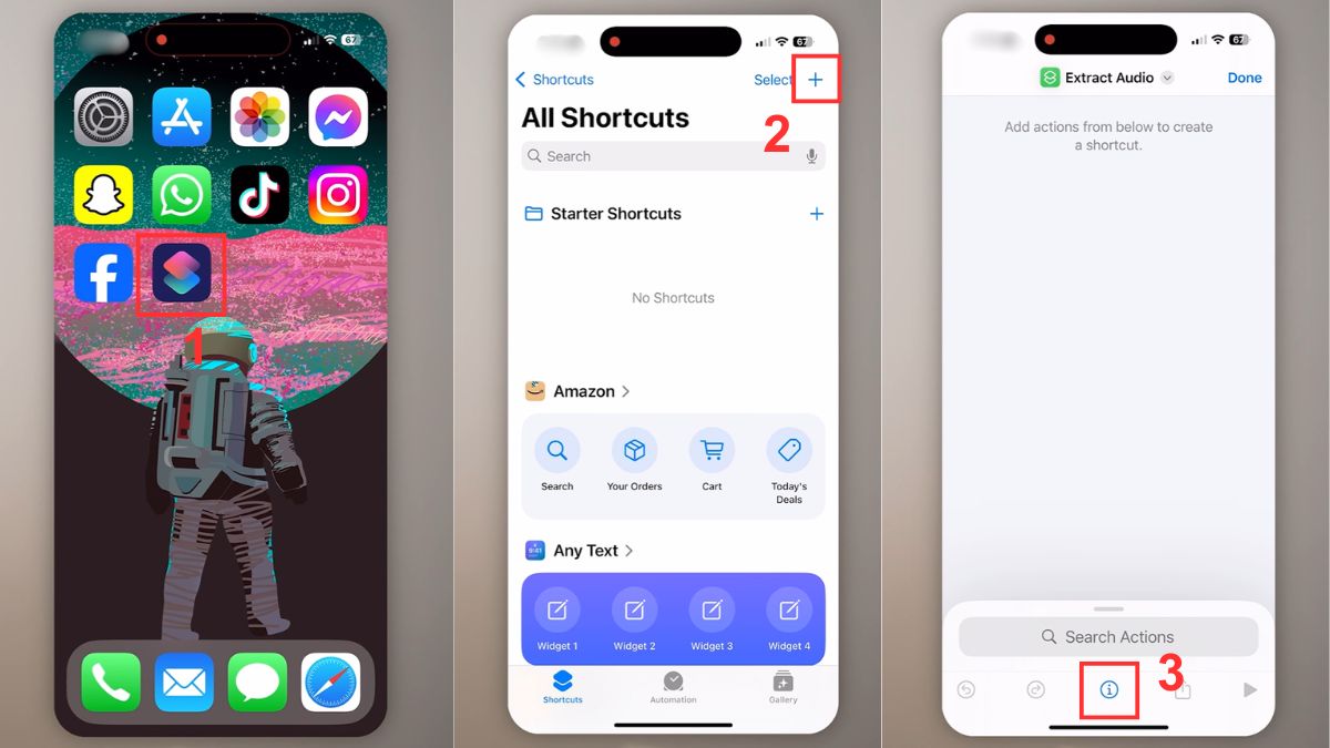 Tạo phím tắt mới trong ứng dụng Shortcuts để tách âm thanh khỏi video trên điện thoại iPhone.