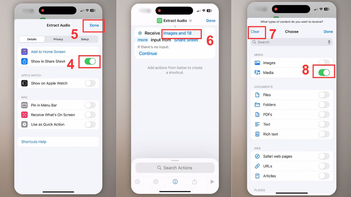 Bật tùy chọn Hiển thị trong Bảng chia sẻ khi thiết lập phím tắt tách âm thanh khỏi video trên điện thoại.