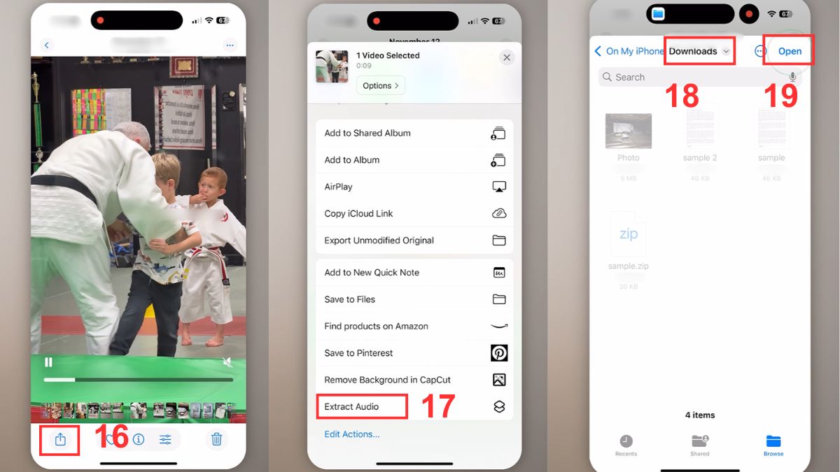 Sử dụng phím tắt Extract Audio vừa tạo để tách âm thanh khỏi video trên điện thoại iPhone.