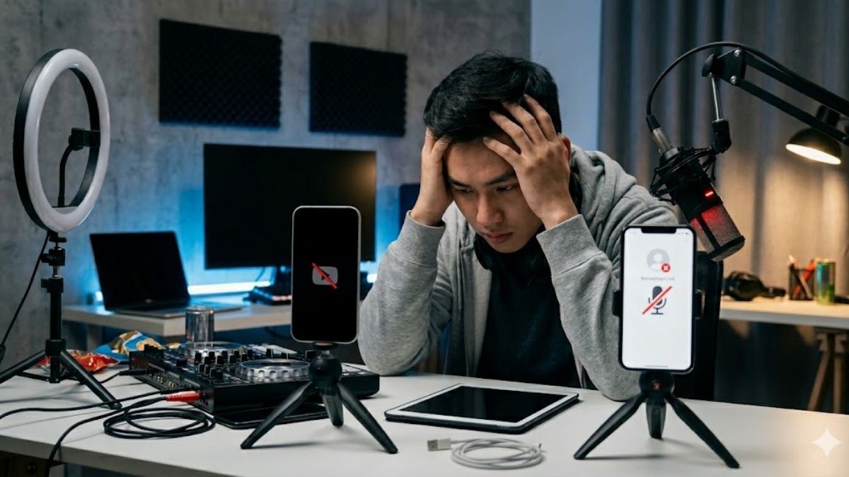 Người sáng tạo nội dung ôm đầu lo lắng khi bị xóa video và cấm livestream do vi phạm bản quyền.