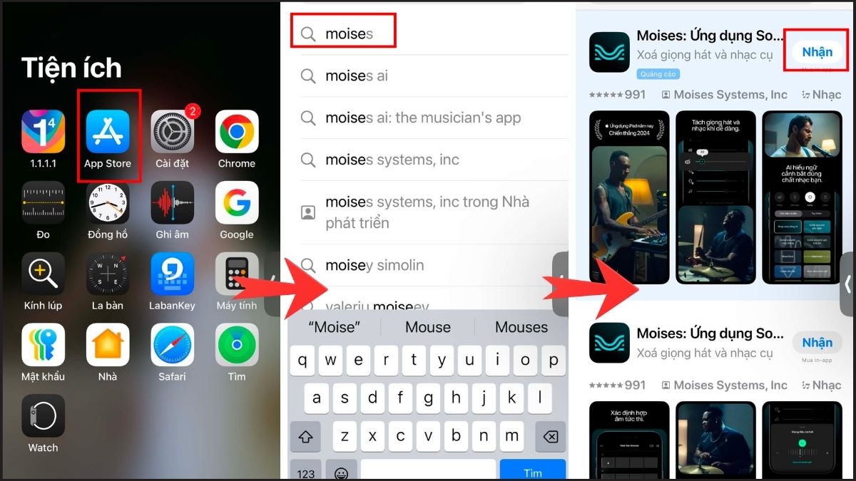 Tìm kiếm và nhấn Nhận ứng dụng Moises trên App Store giúp tách nhạc và lời trên điện thoại.