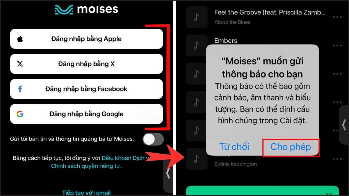 Chọn phương thức đăng nhập và cho phép gửi thông báo trên app tách nhạc và lời Android và iOS.
