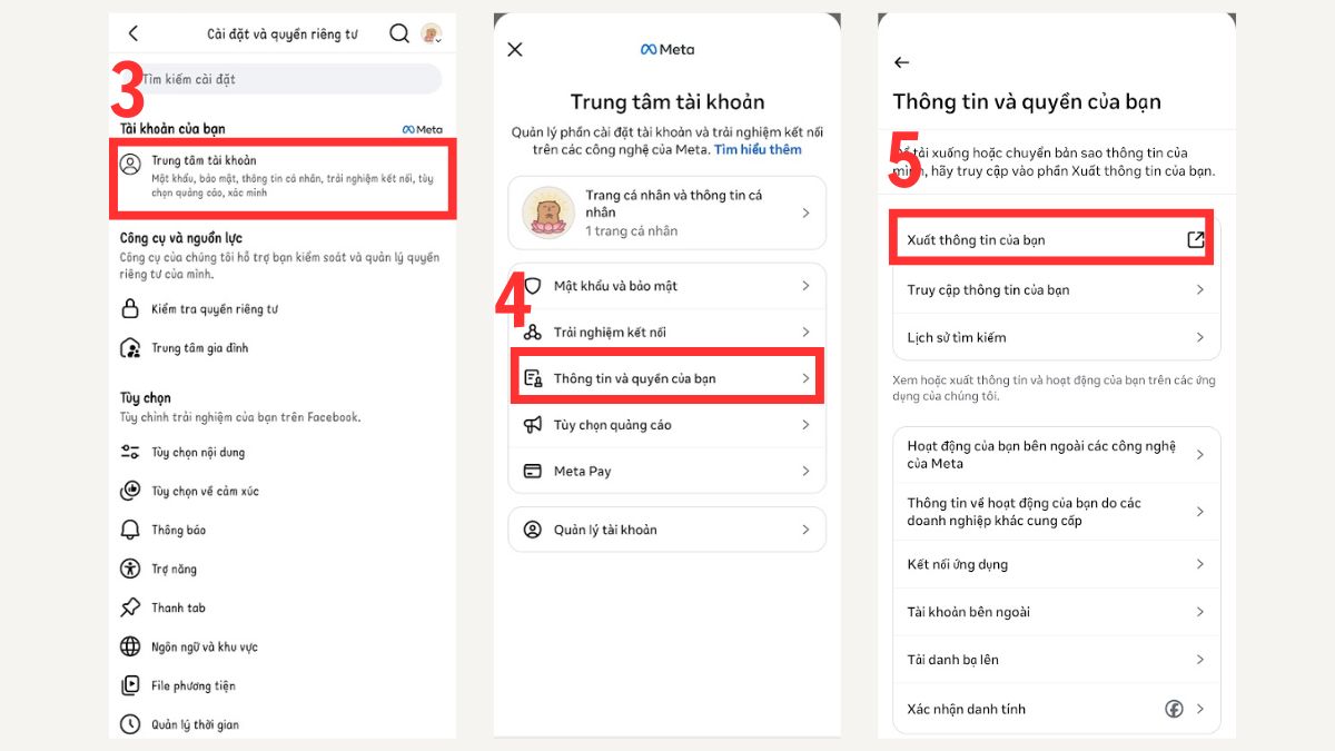 Chọn Xuất thông tin giúp tìm tin nhắn trên messenger theo ngày bằng điện thoại.