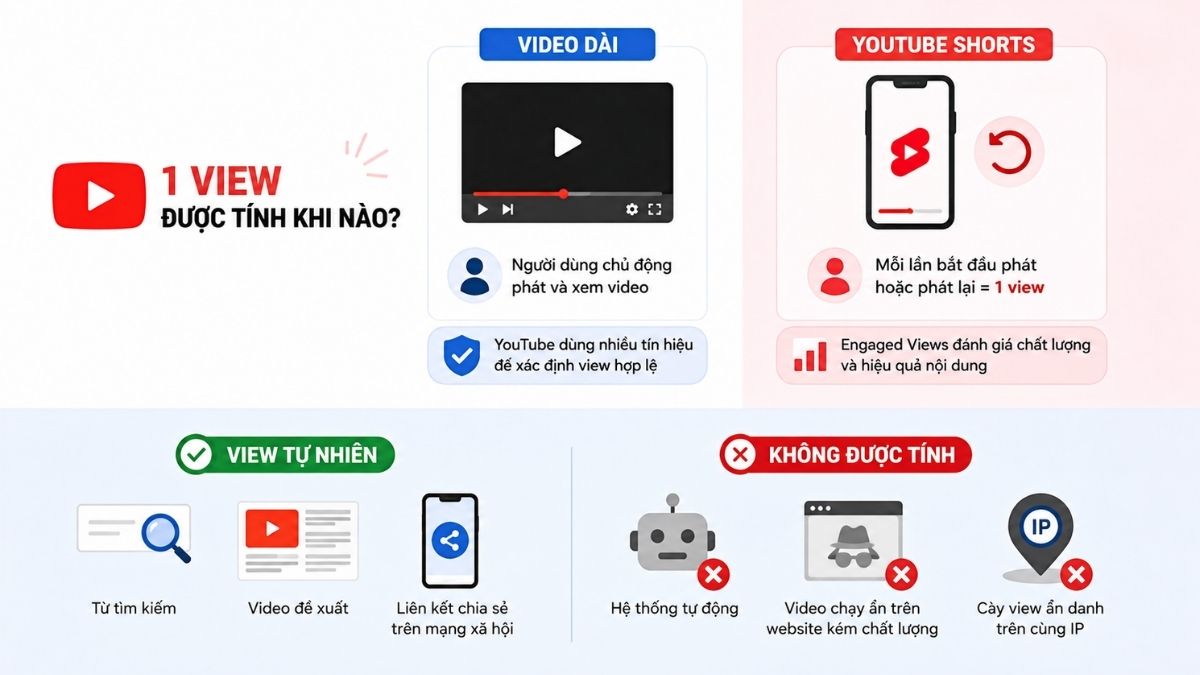 Infographic giải thích quy trình tính lượt xem hỗ trợ tăng view youtube hiệu quả.