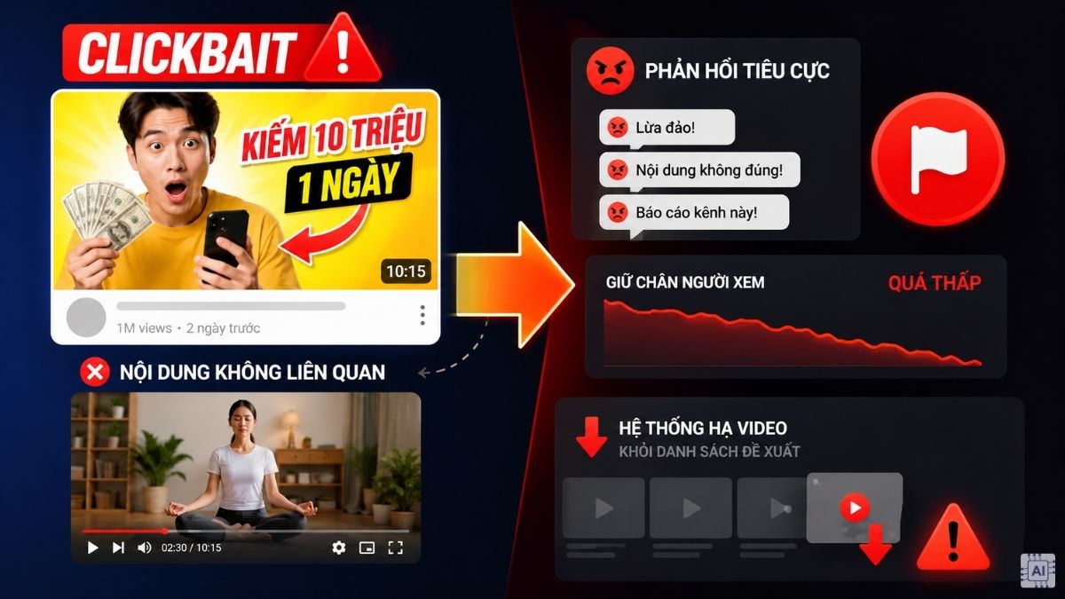 Hệ lụy của việc lừa đảo clickbait khi tìm cách tăng view youtube.