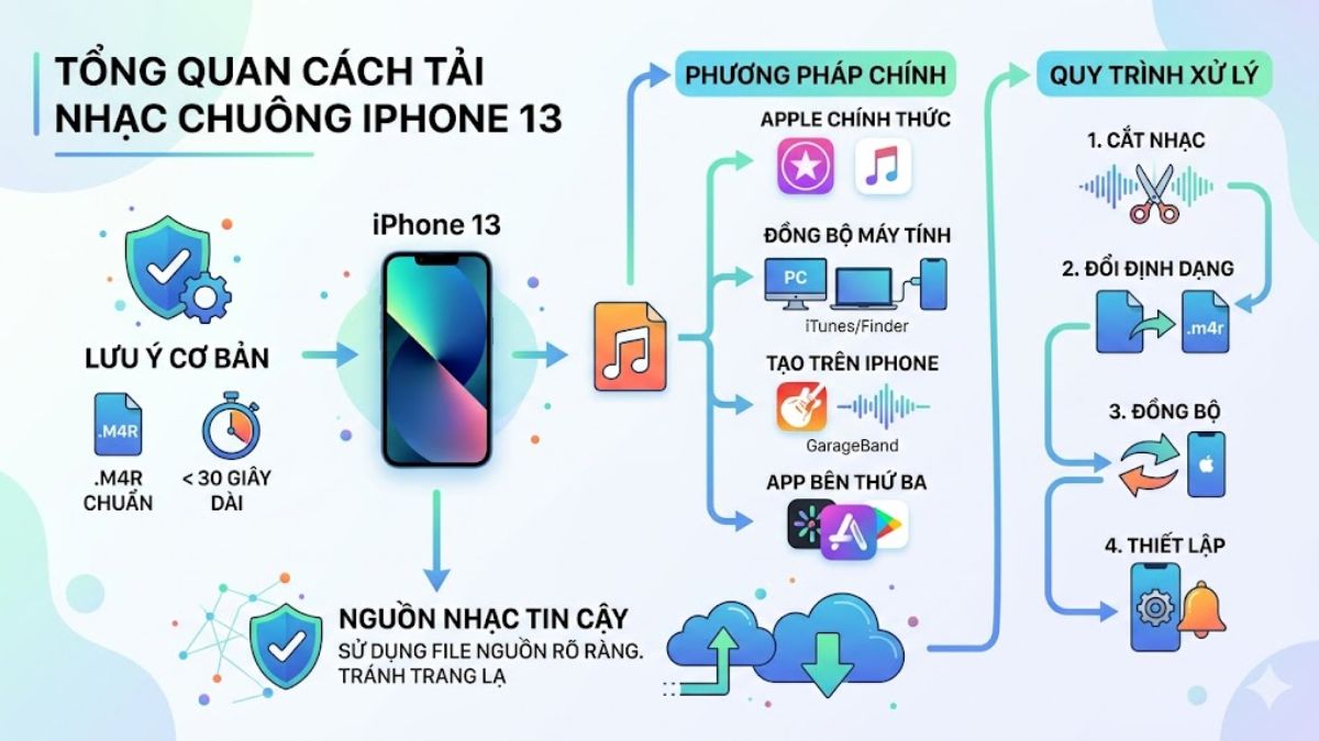Bảng tóm tắt quy trình tổng quan các bước tải nhạc chuông iphone 13.