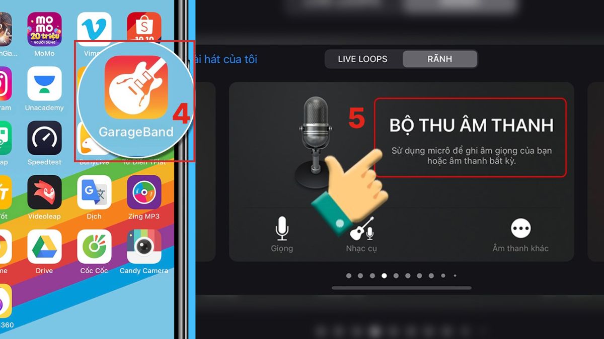 Chọn mục Bộ thu âm thanh trong GarageBand để cài nhạc chuông iphone 13.