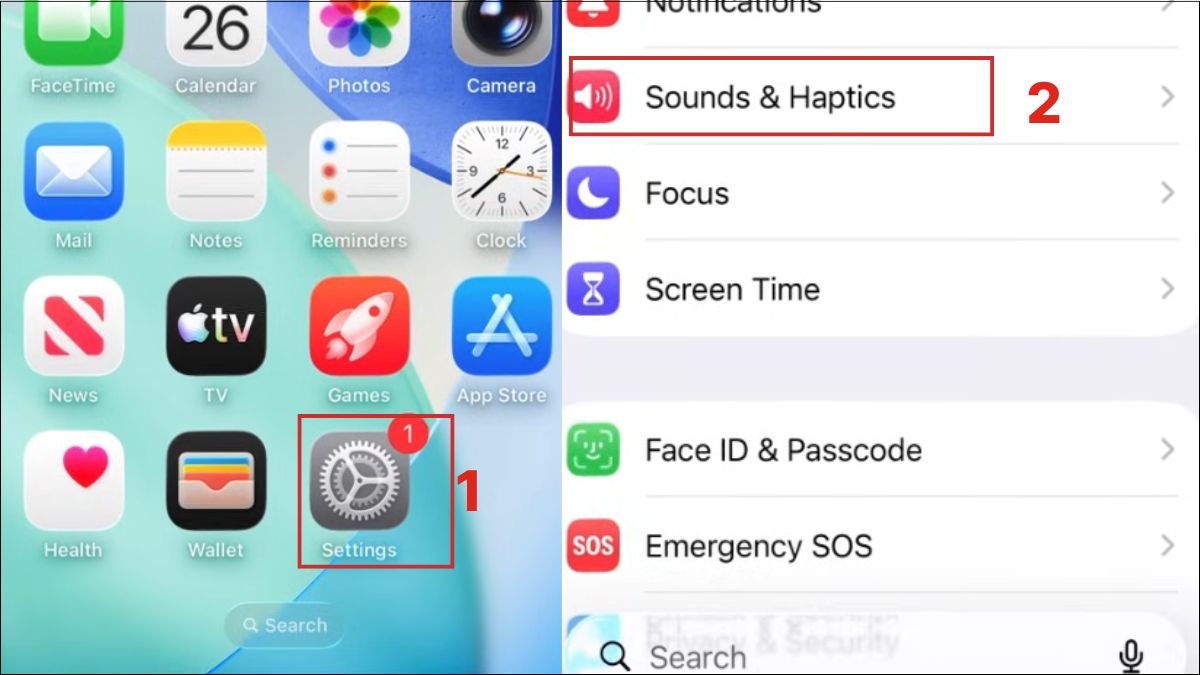 Vào mục Sounds & Haptics trong Cài đặt để tải nhạc chuông iphone 13.
