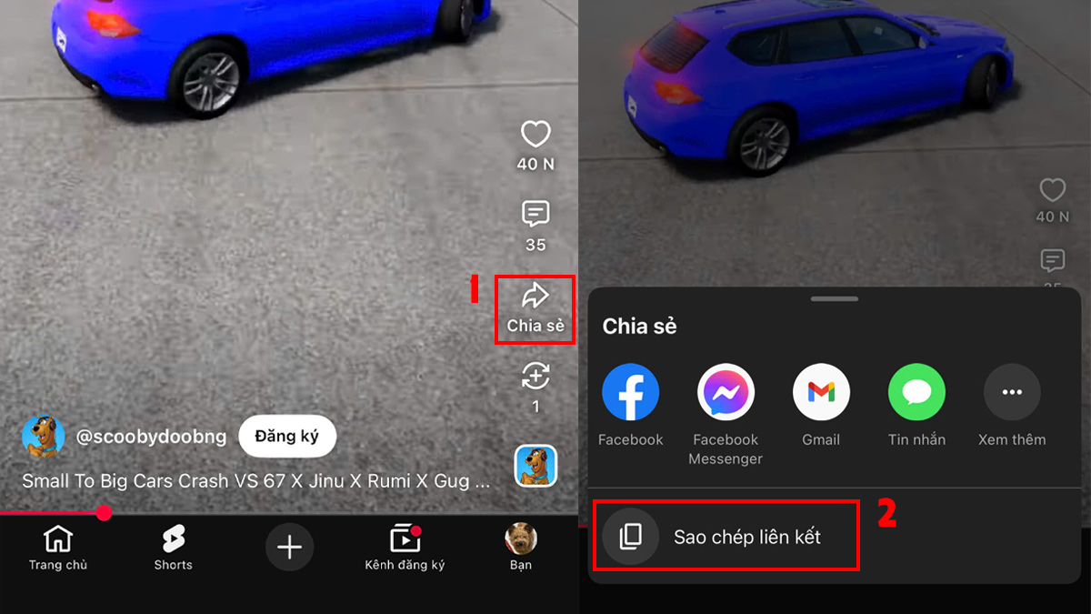 Thao tác sao chép liên kết giúp tải video short youtube về điện thoại.