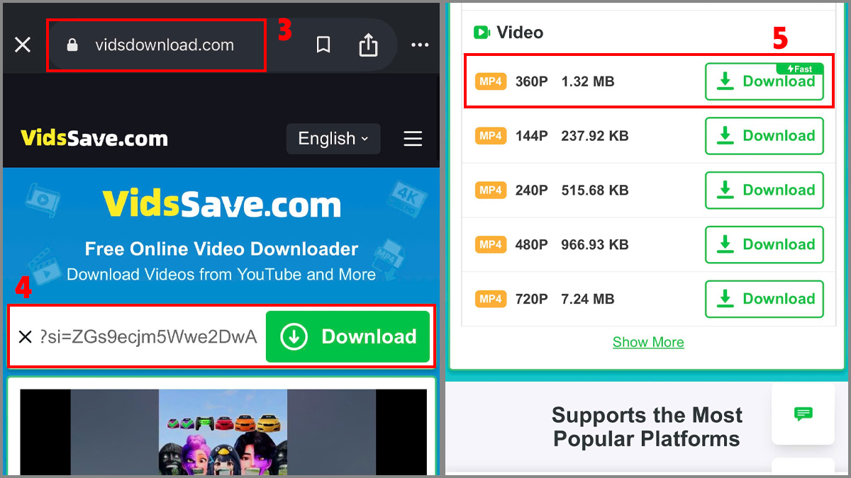 Dán liên kết vào trang web hỗ trợ tải video short youtube về điện thoại.