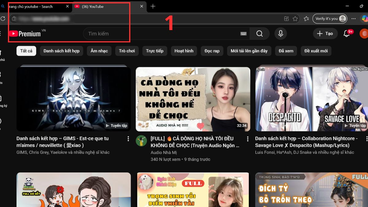 Giao diện trang chủ YouTube trên Microsoft Edge để chuẩn bị tải youtube cho máy tính.