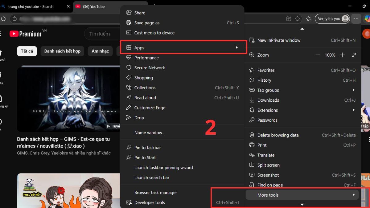Menu ba dấu chấm trên Microsoft Edge chọn danh mục Apps giúp tải youtube cho máy tính laptop.